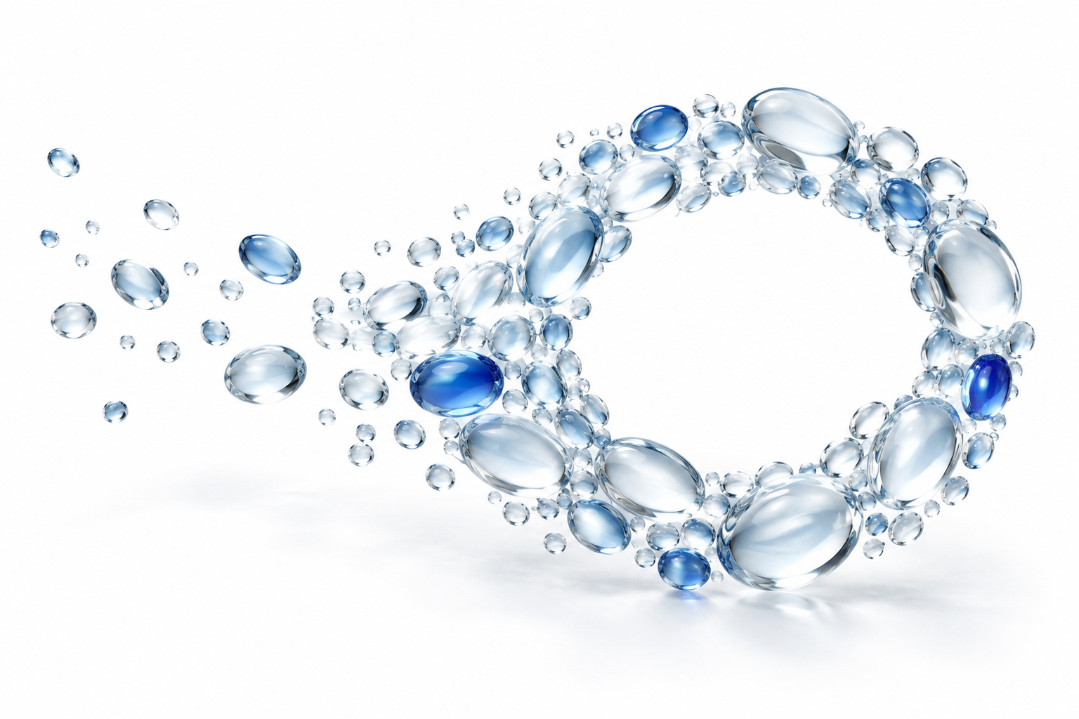 Translucent blue glass droplets gathering into one flowing form